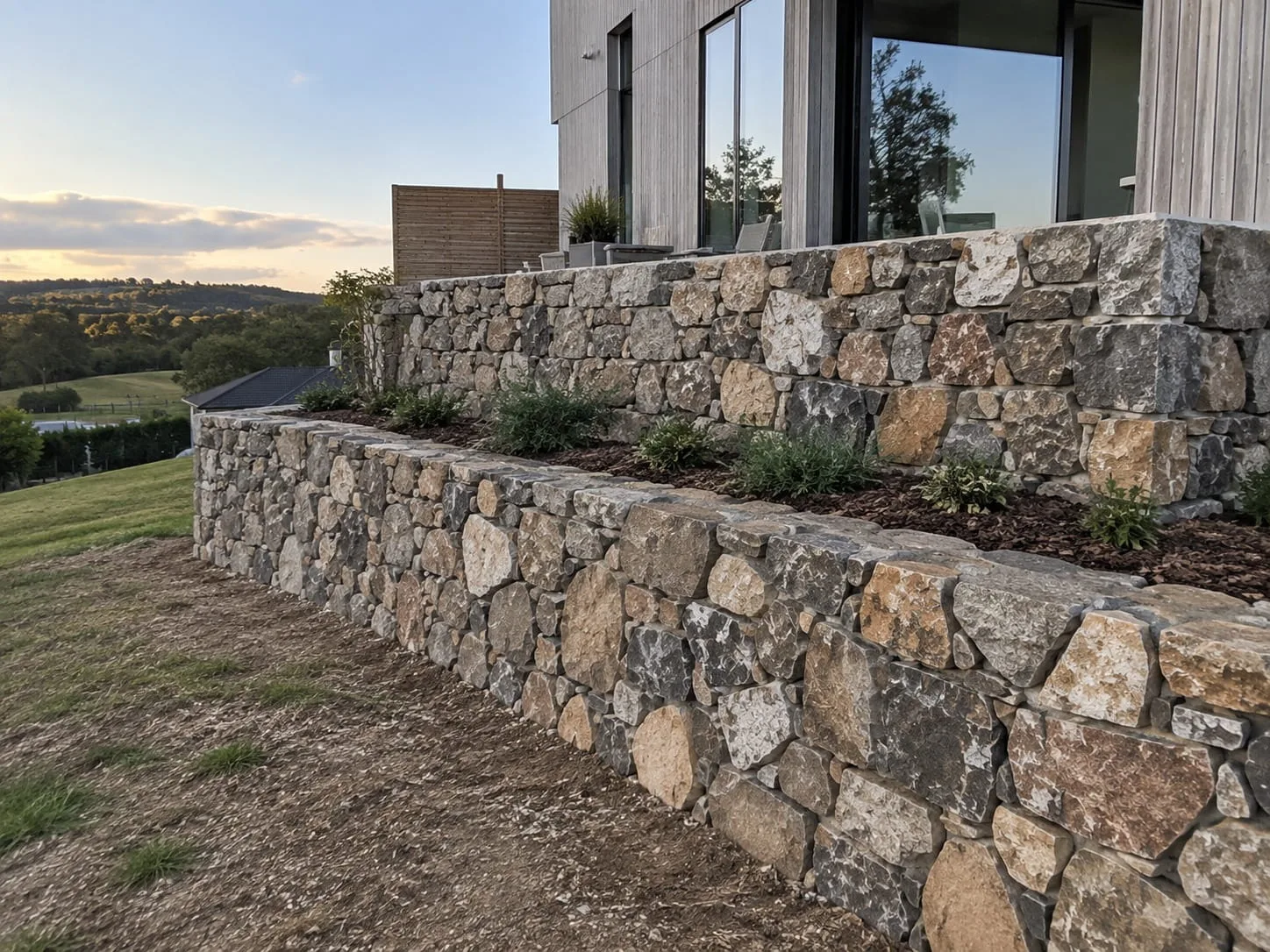Stone veneer retaining wall on a Governors Bay property in Christchurch