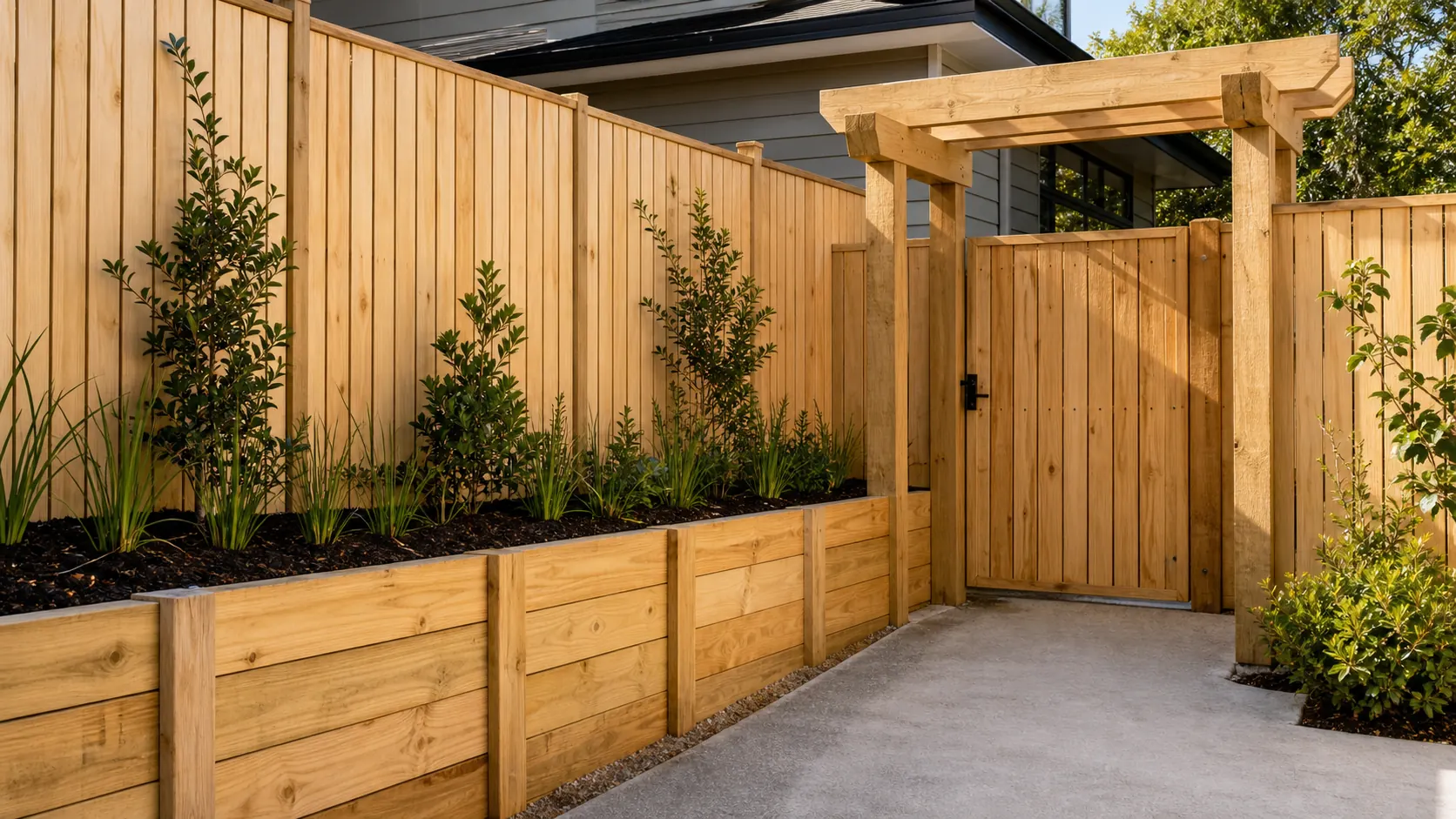 Freshly completed timber fence, gate and retaining wall project in Christchurch