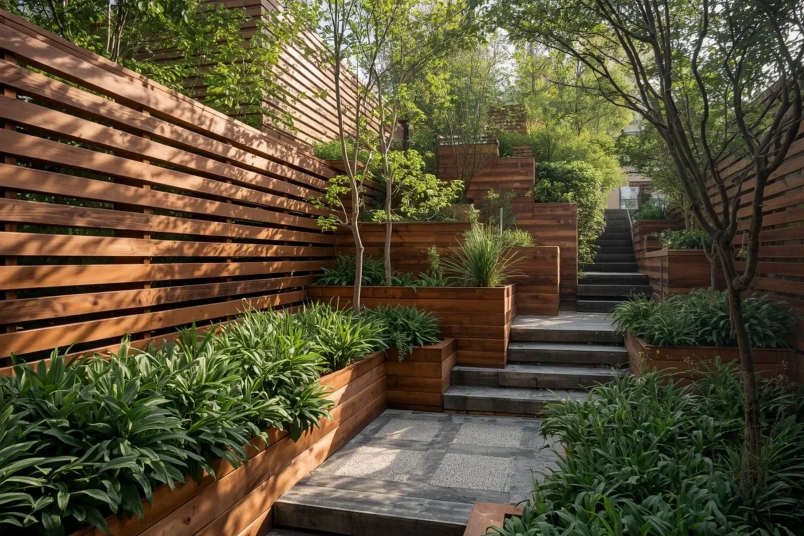 Refined Christchurch garden with timber retaining walls and steps
